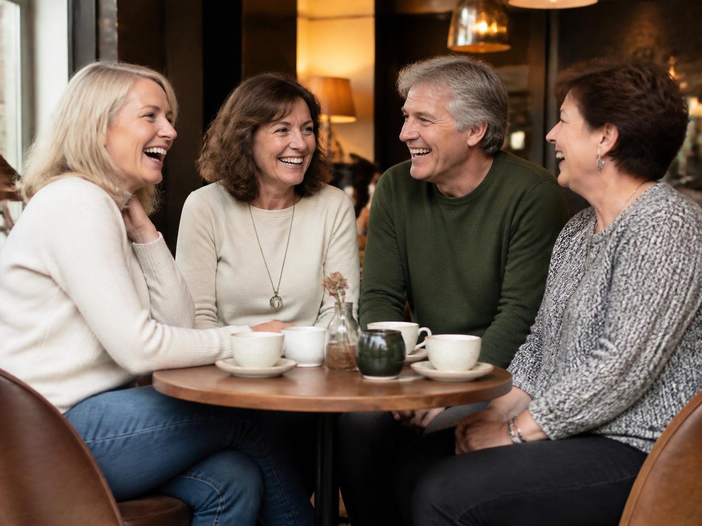 Three women and a man in their fifties laughing together around a cafe table