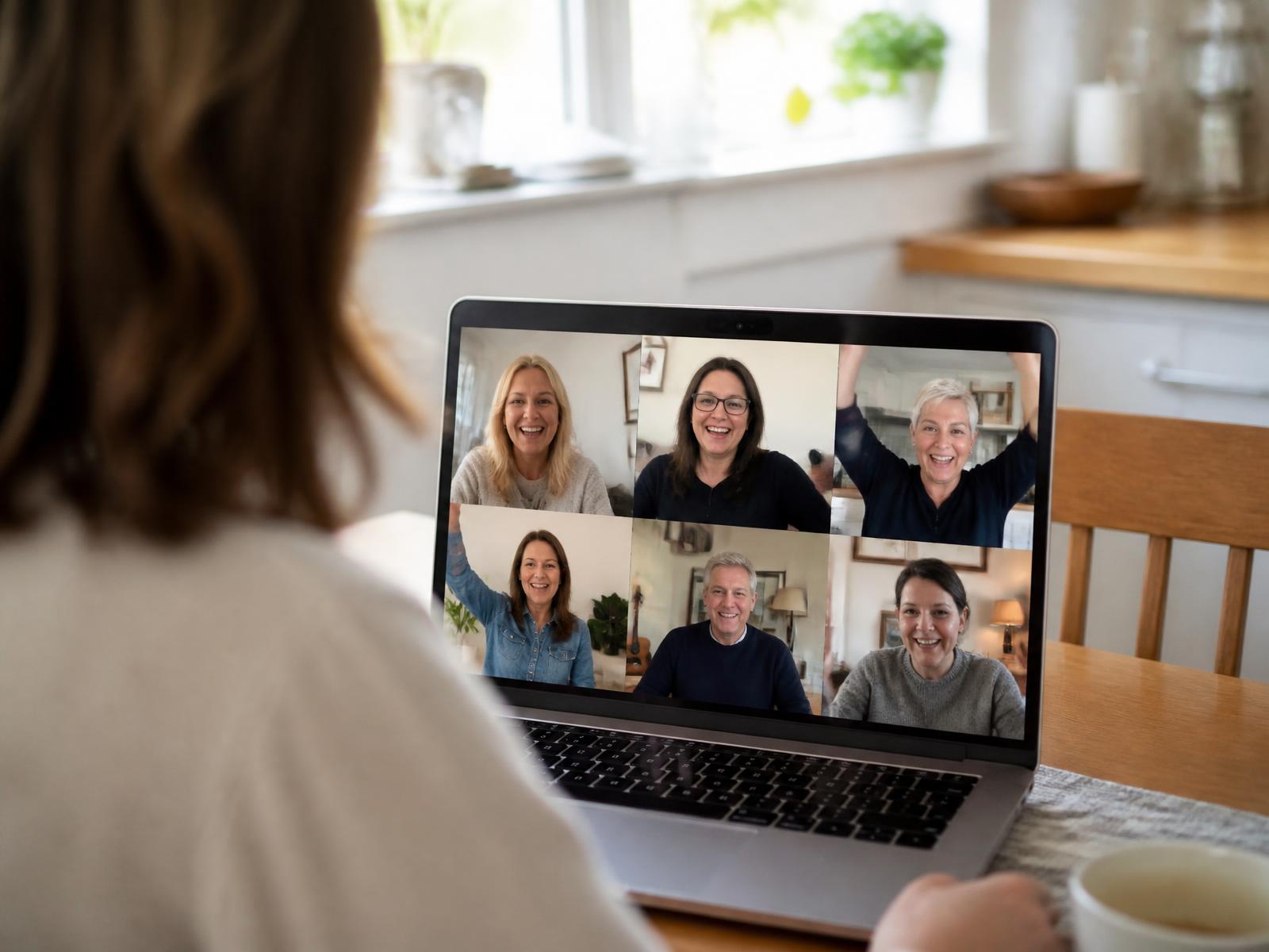 A person at a kitchen table on a video call with six smiling people in their forties and fifties
